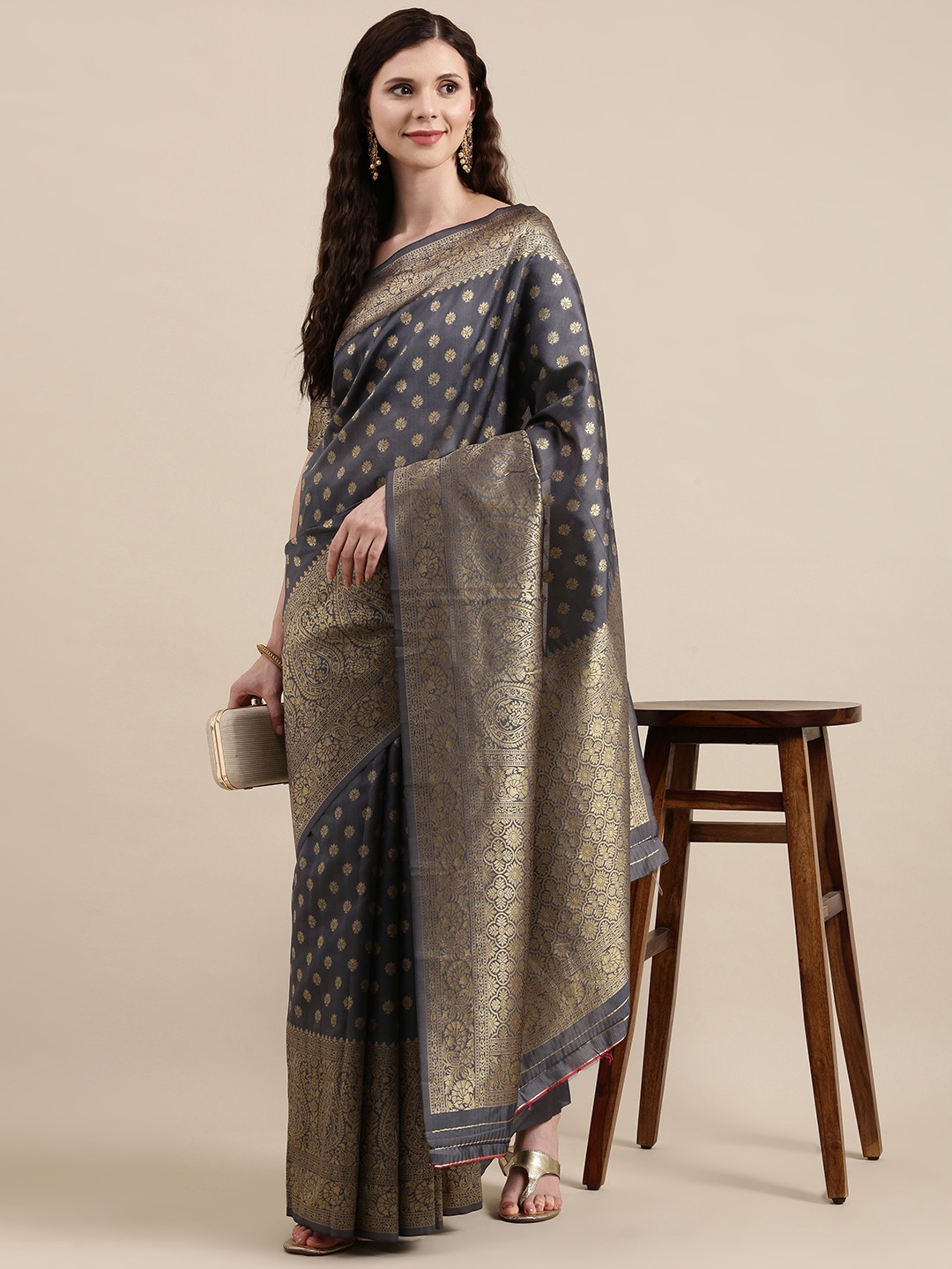 

VAIRAGEE Charcoal Grey & Golden Ethnic Motifs Banarasi Woven Design Saree