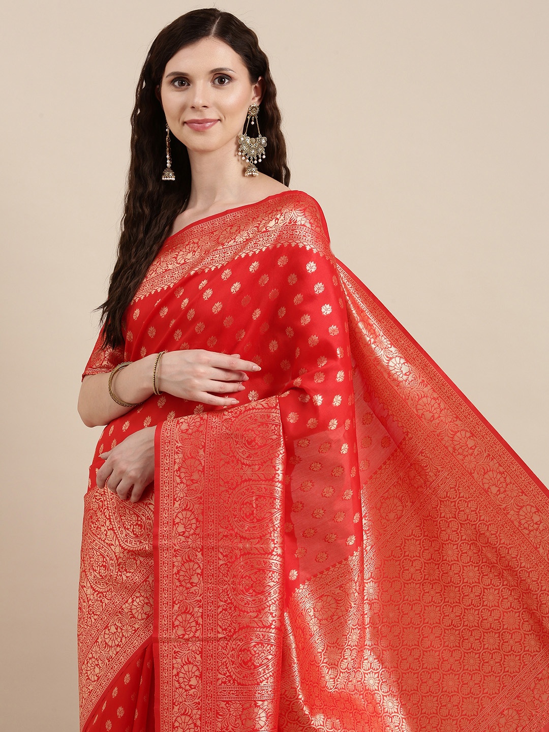 

VAIRAGEE Red & Golden Ethnic Motifs Silk Blend Banarasi Saree