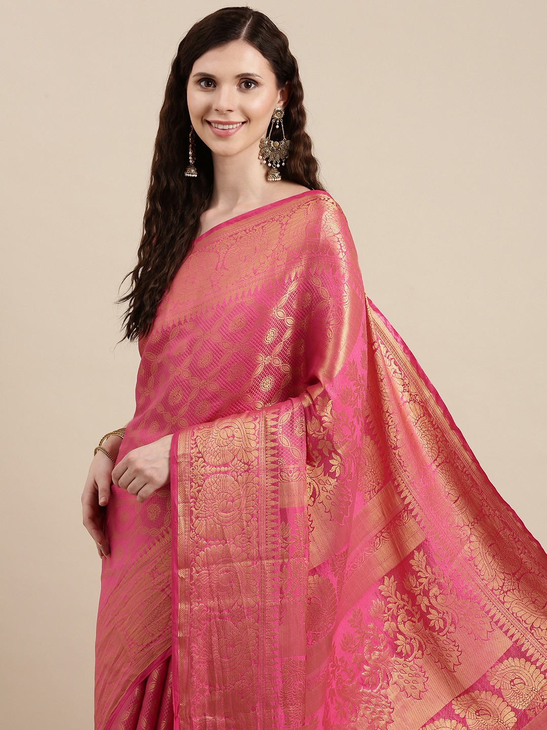 

VAIRAGEE Pink & Golden Ethnic Motifs Pure Silk Kanjeevaram Saree