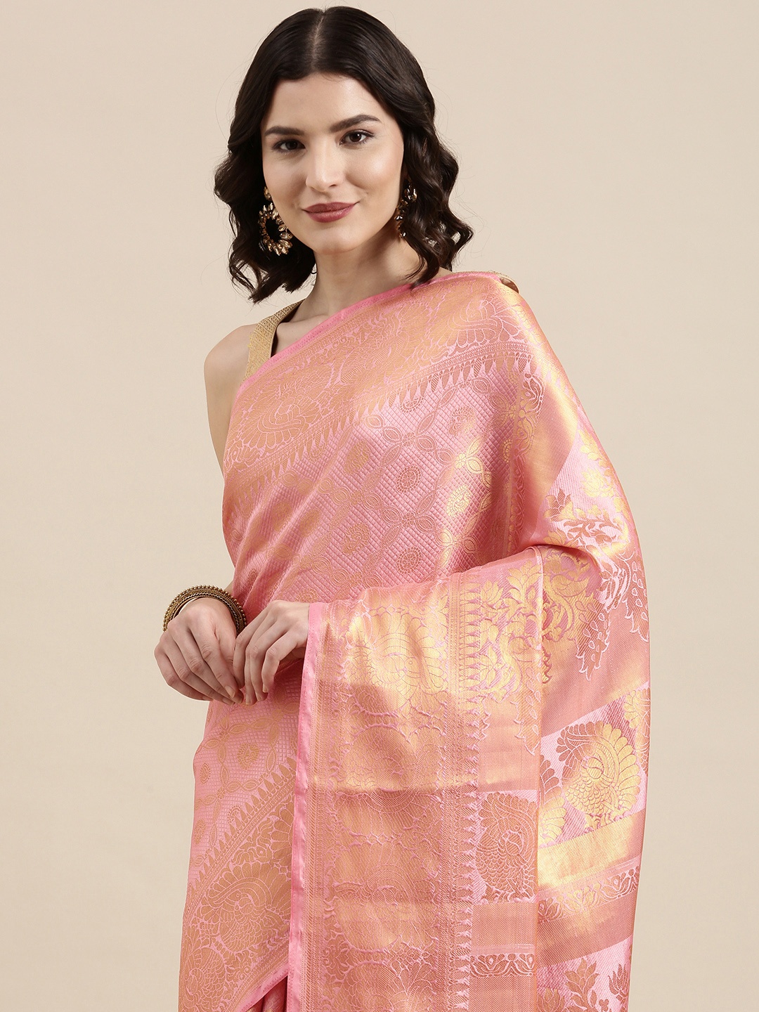 

VAIRAGEE Pink & Golden Ethnic Motifs Pure Silk Kanjeevaram Saree