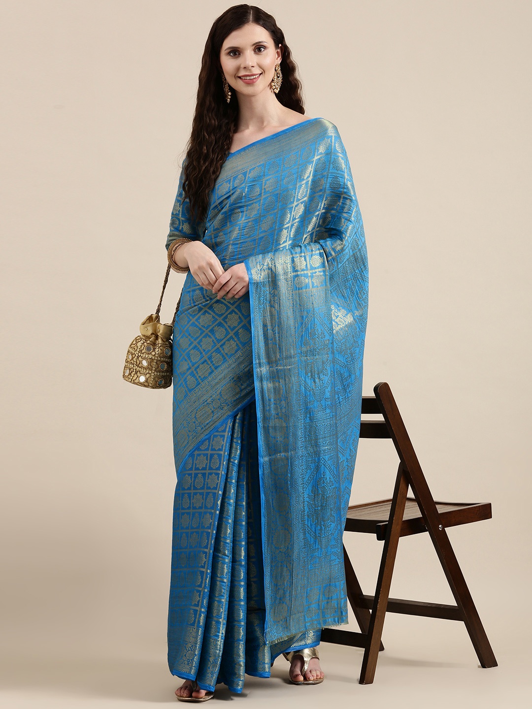 

VAIRAGEE Blue & Silver Ethnic Motifs Pure Silk Kanjeevaram Saree