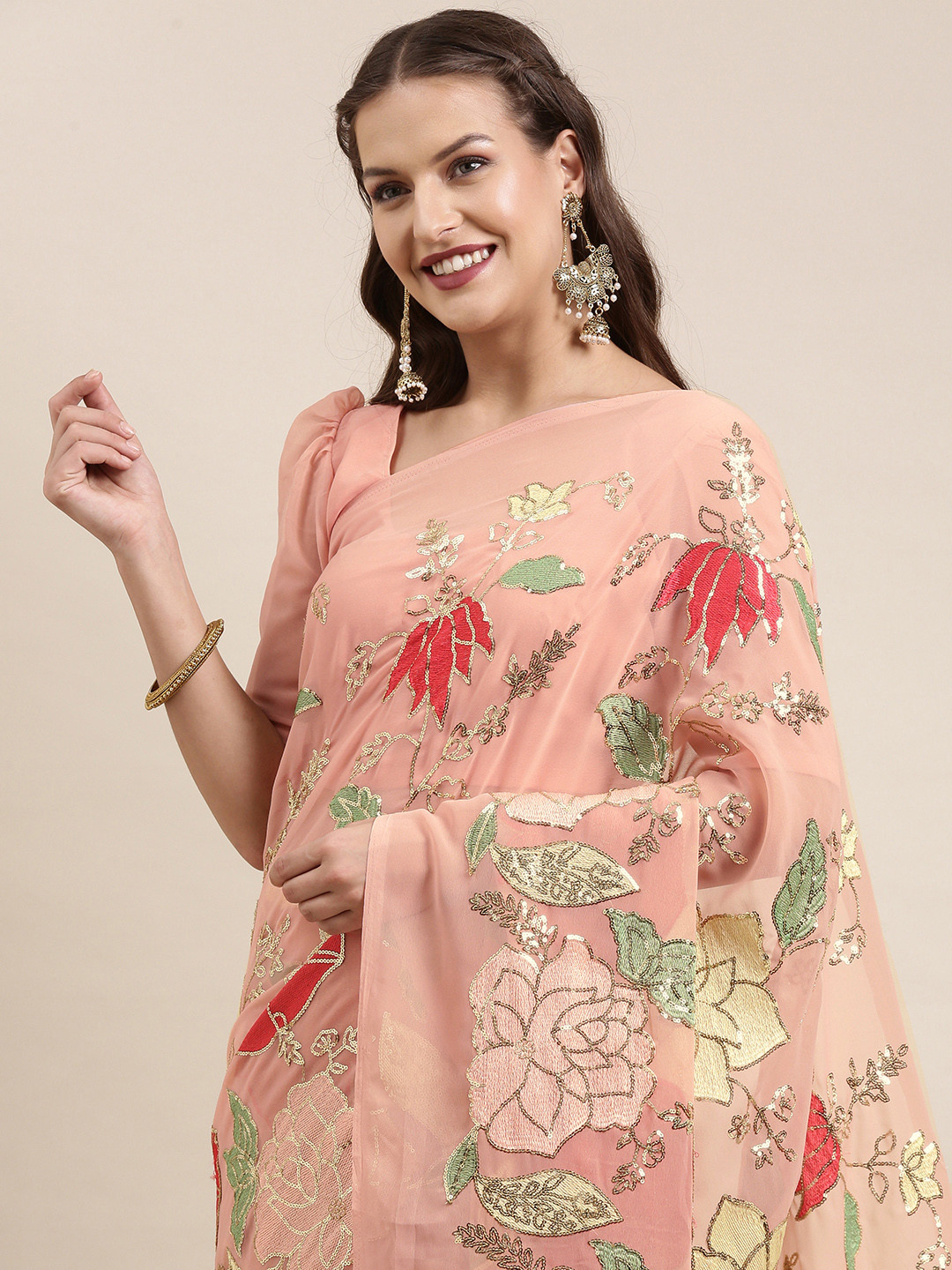 

VAIRAGEE Peach-Coloured & Red Ethnic Motifs Sequinned Saree