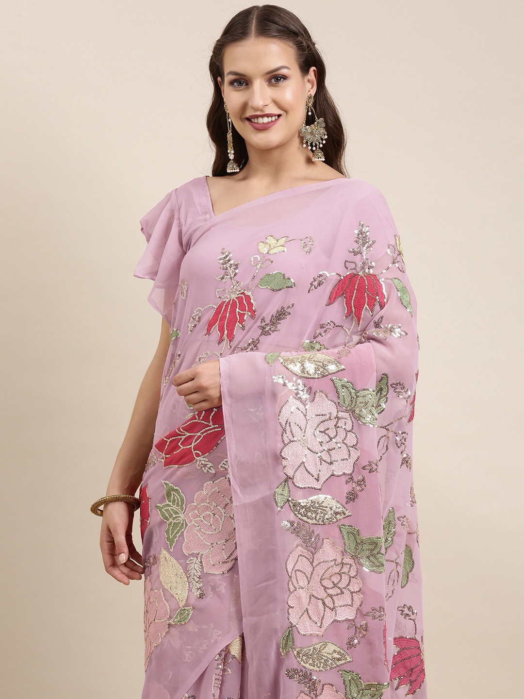 

VAIRAGEE Pink & Red Ethnic Motifs Sequinned Saree