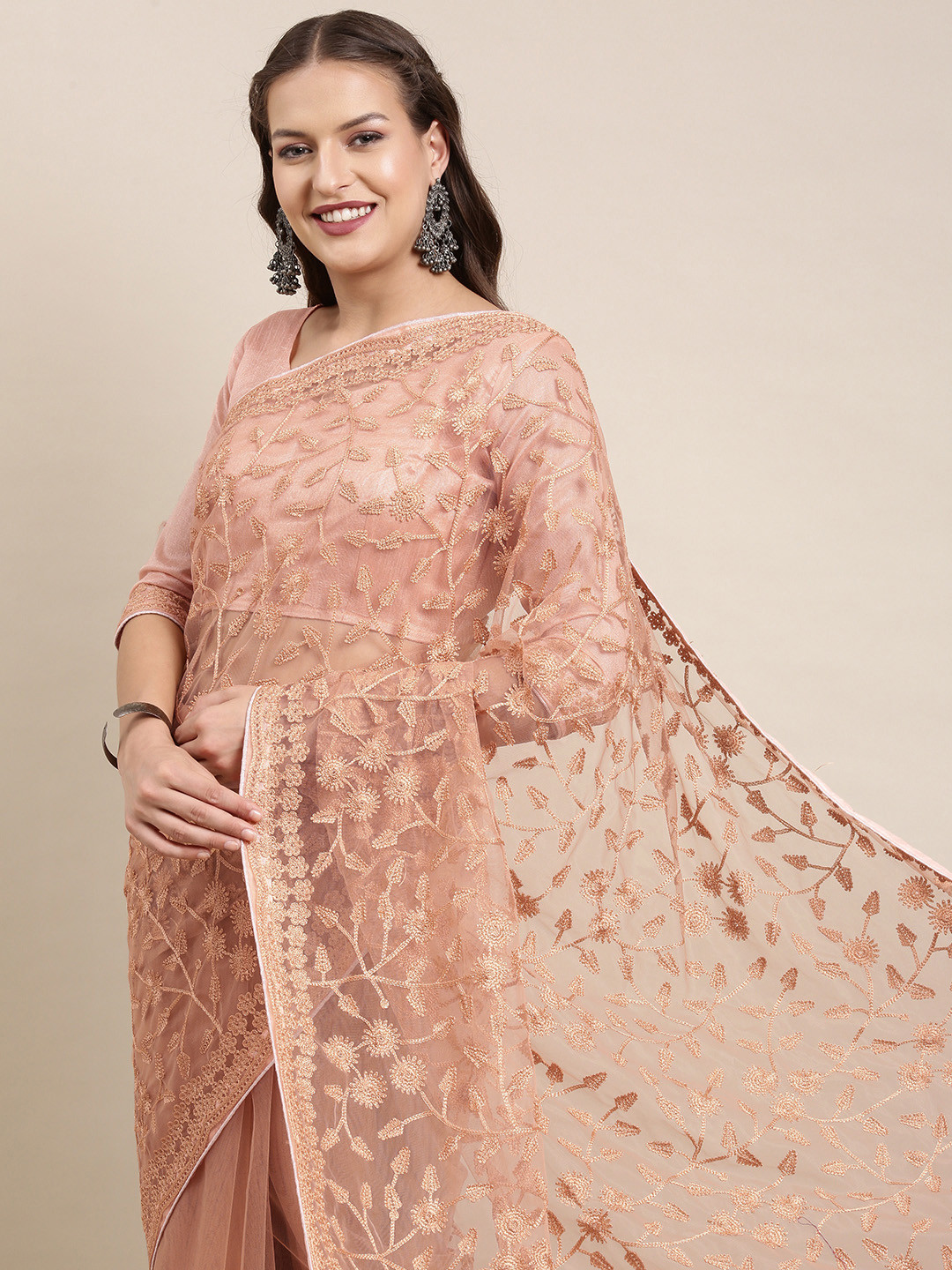 

VAIRAGEE Peach-Coloured Ethnic Motifs Embroidered Net Saree