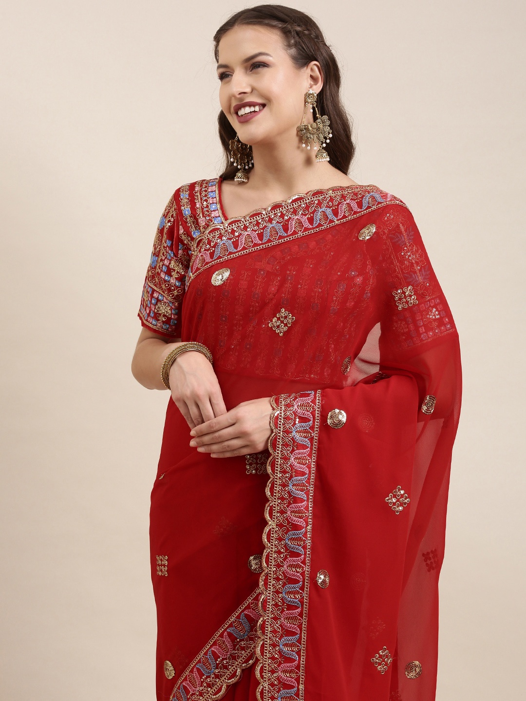 

VAIRAGEE Red & Golden Ethnic Motifs Embroidered Saree