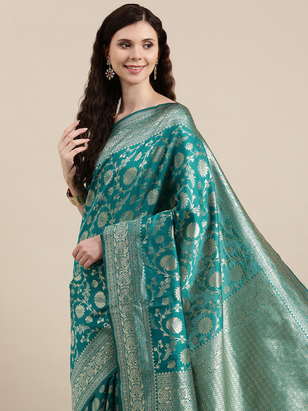 

VAIRAGEE Blue & Silver Ethnic Motifs Banarasi Woven Design Saree