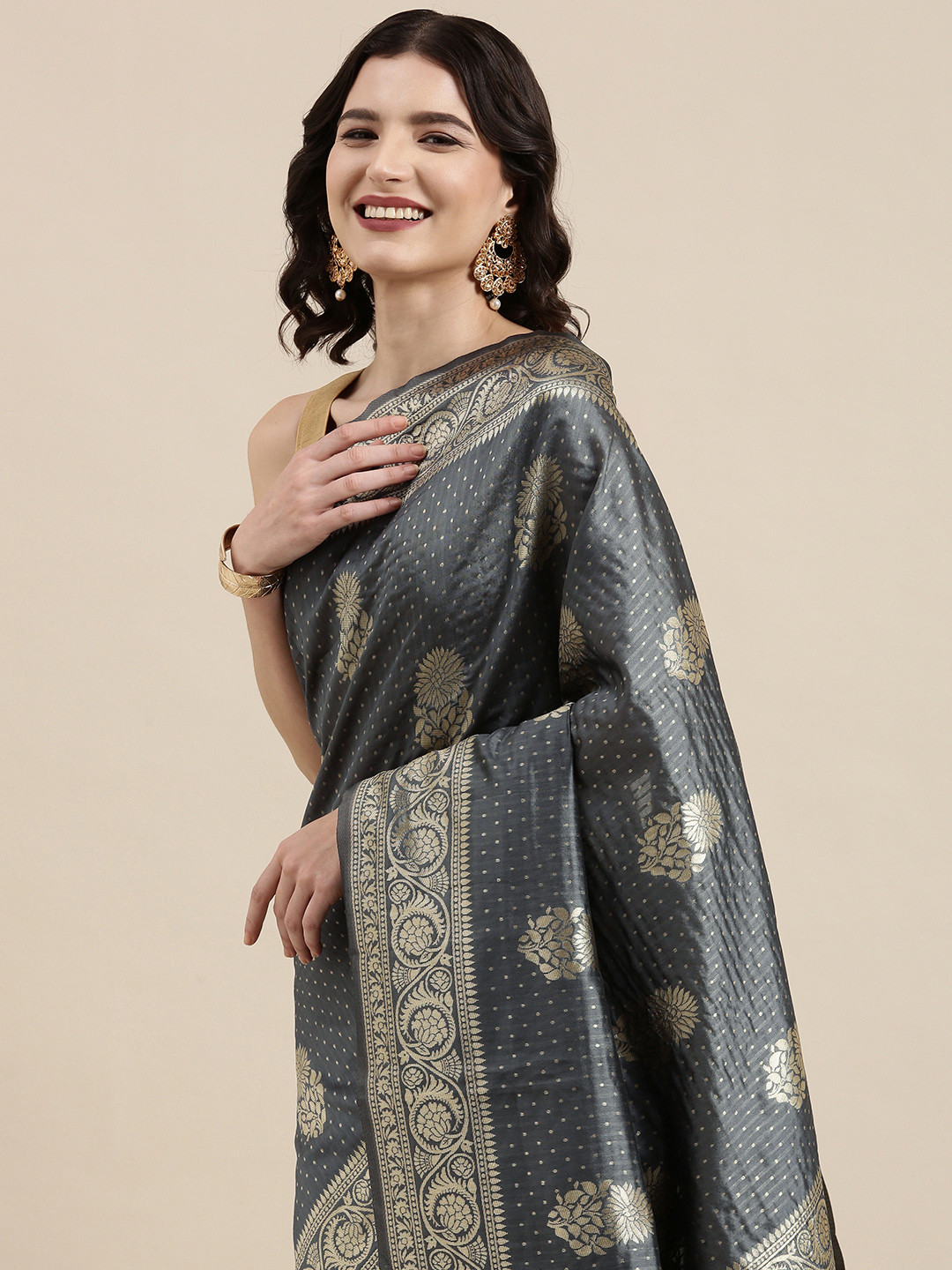

VAIRAGEE Grey With A Tinge of Blue & Golden Ethnic Motifs Silk Blend Banarasi Saree