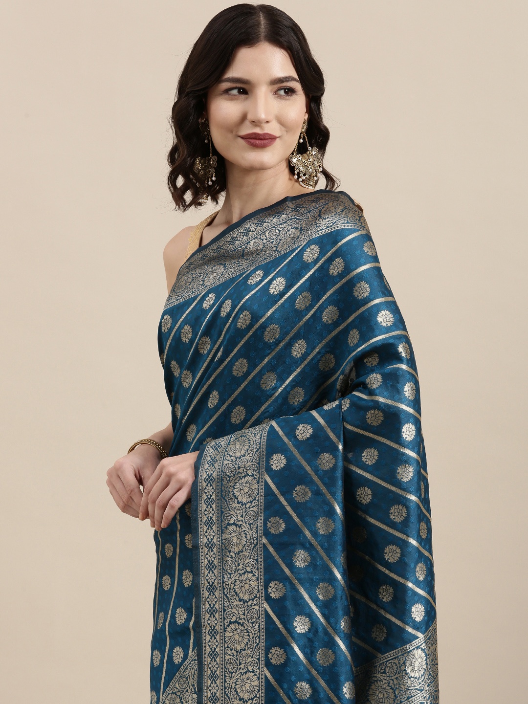 

VAIRAGEE Teal Blue & Golden Ethnic Motifs Silk Blend Banarasi Saree