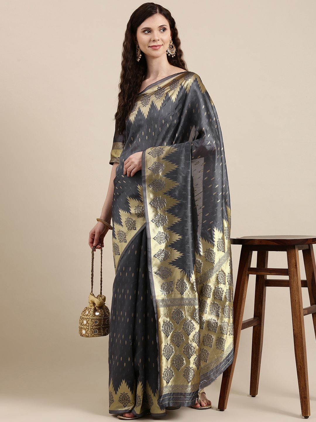 

VAIRAGEE Charcoal Grey & Golden Ethnic Motifs Banarasi Woven Design Saree