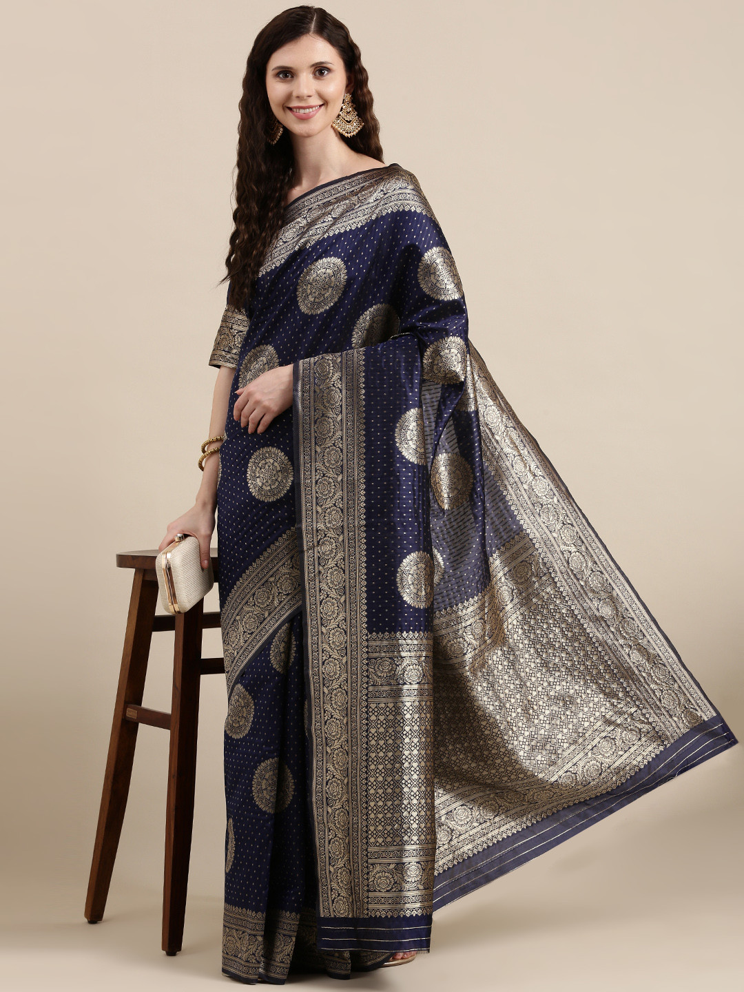 

VAIRAGEE Navy Blue & Golden Ethnic Motifs Banarasi Woven Design Saree