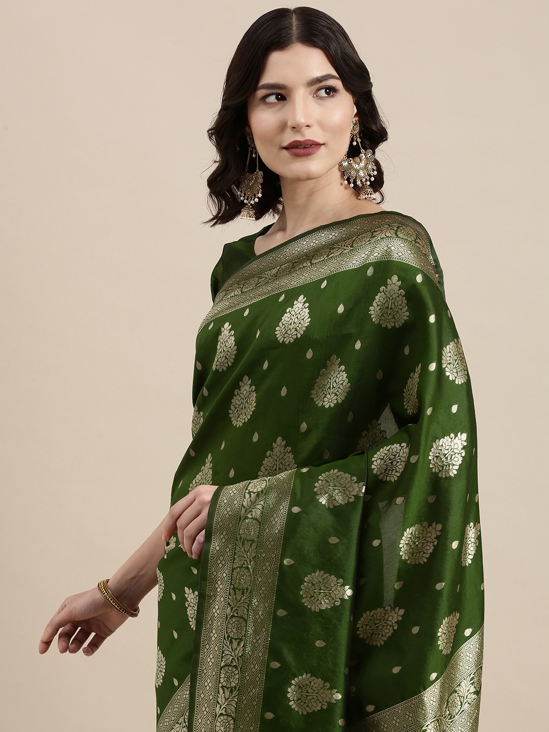 

VAIRAGEE Olive Green & Golden Ethnic Motifs Silk Blend Banarasi Saree