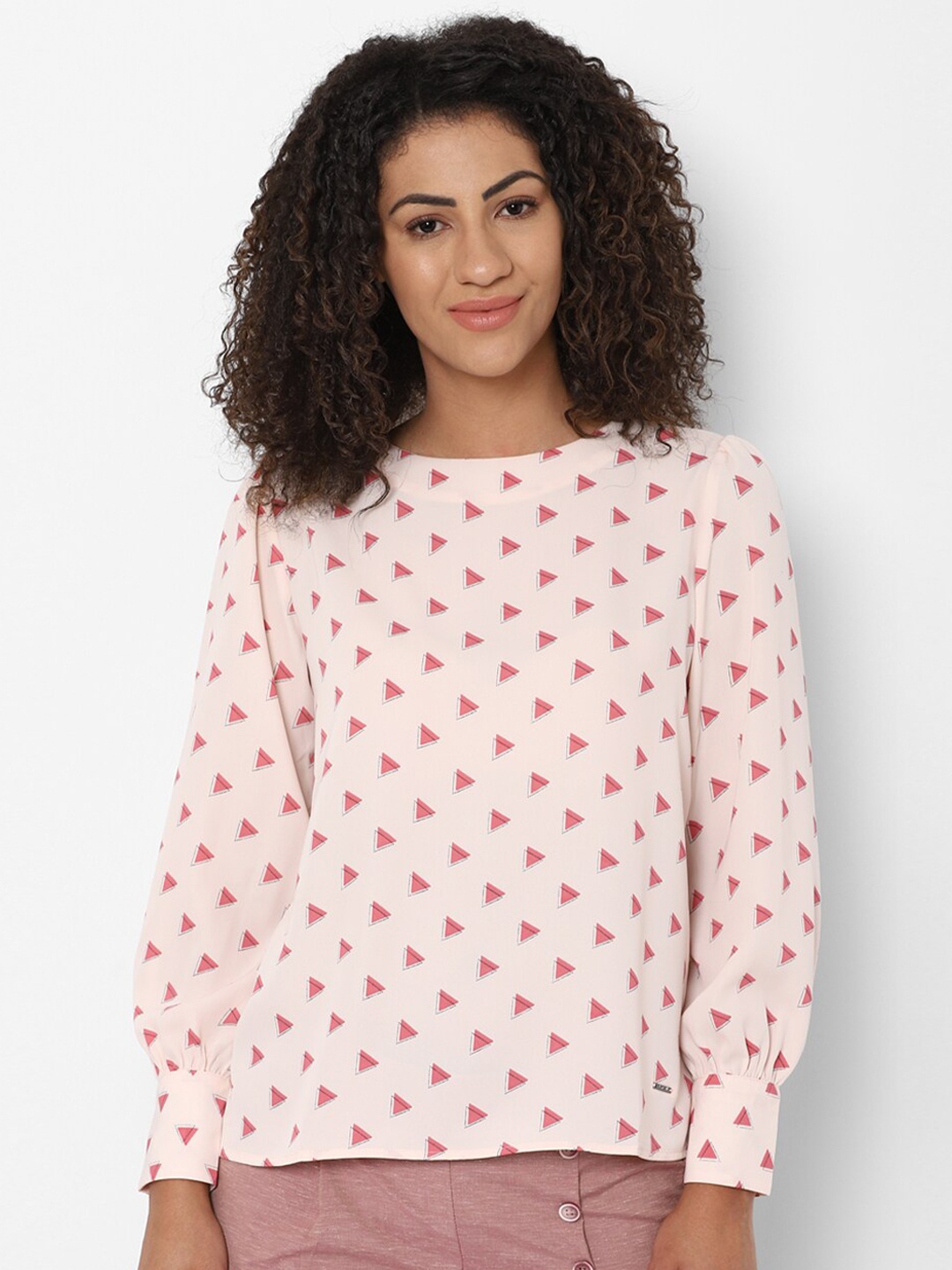 

Allen Solly Woman Pink Geometric Print Bishop Sleeves Top
