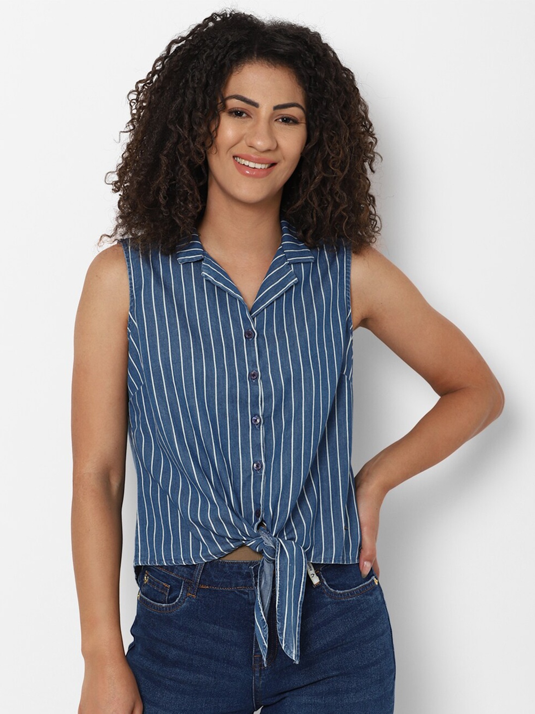 

Allen Solly Woman Blue Striped Shirt Style Top