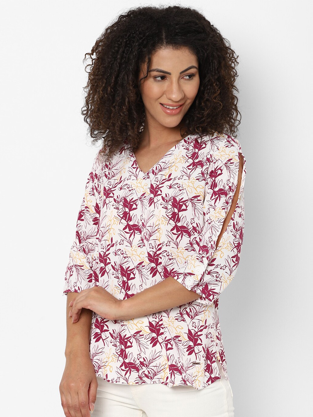 

Allen Solly Woman White & Burgundy Floral Print Top