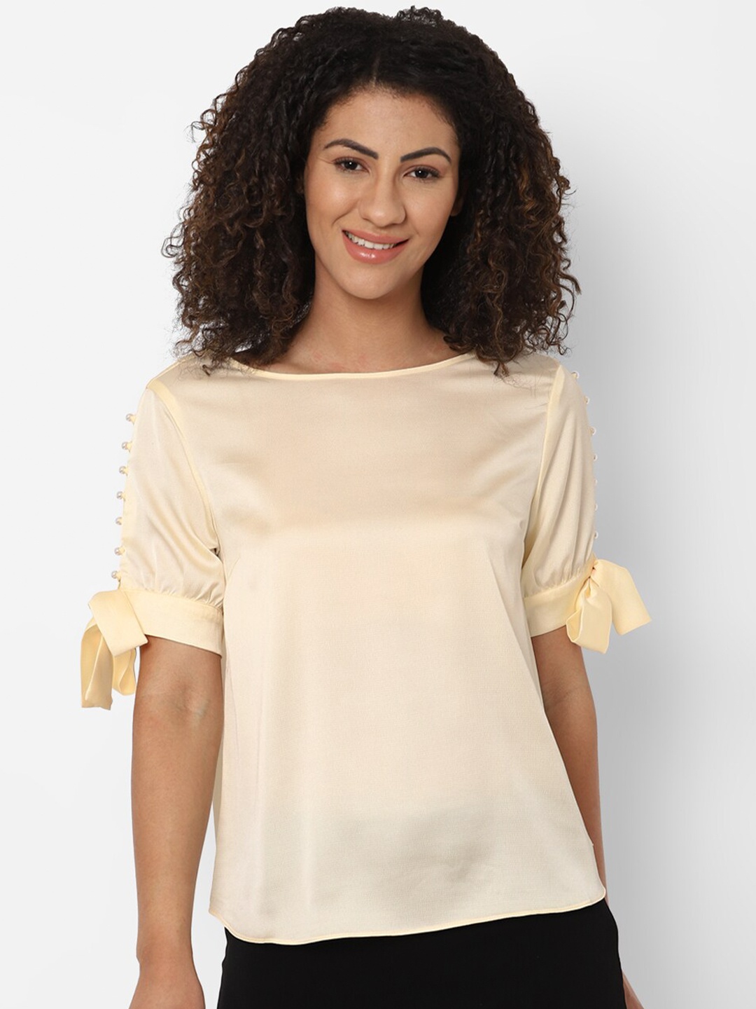 

Allen Solly Woman Women Cream-Coloured Solid Boat Neck Studded Regular Top