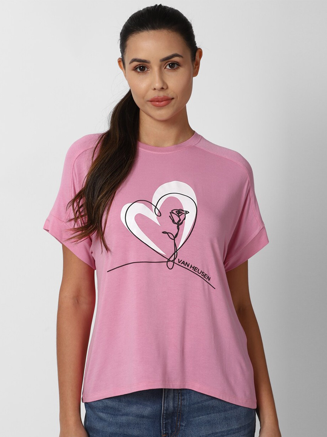

Van Heusen Woman Pink Graphic Printed Extended Sleeves Pure Cotton Top