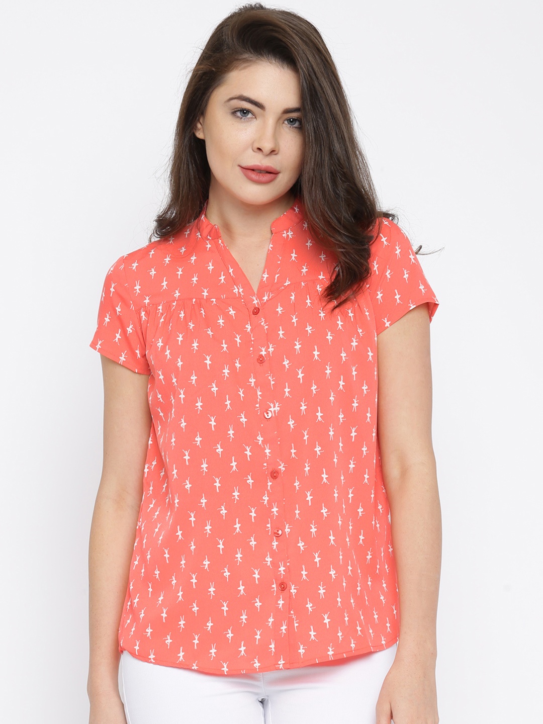 

Honey by Pantaloons Women Coral Pink Printed Shirt Style Top