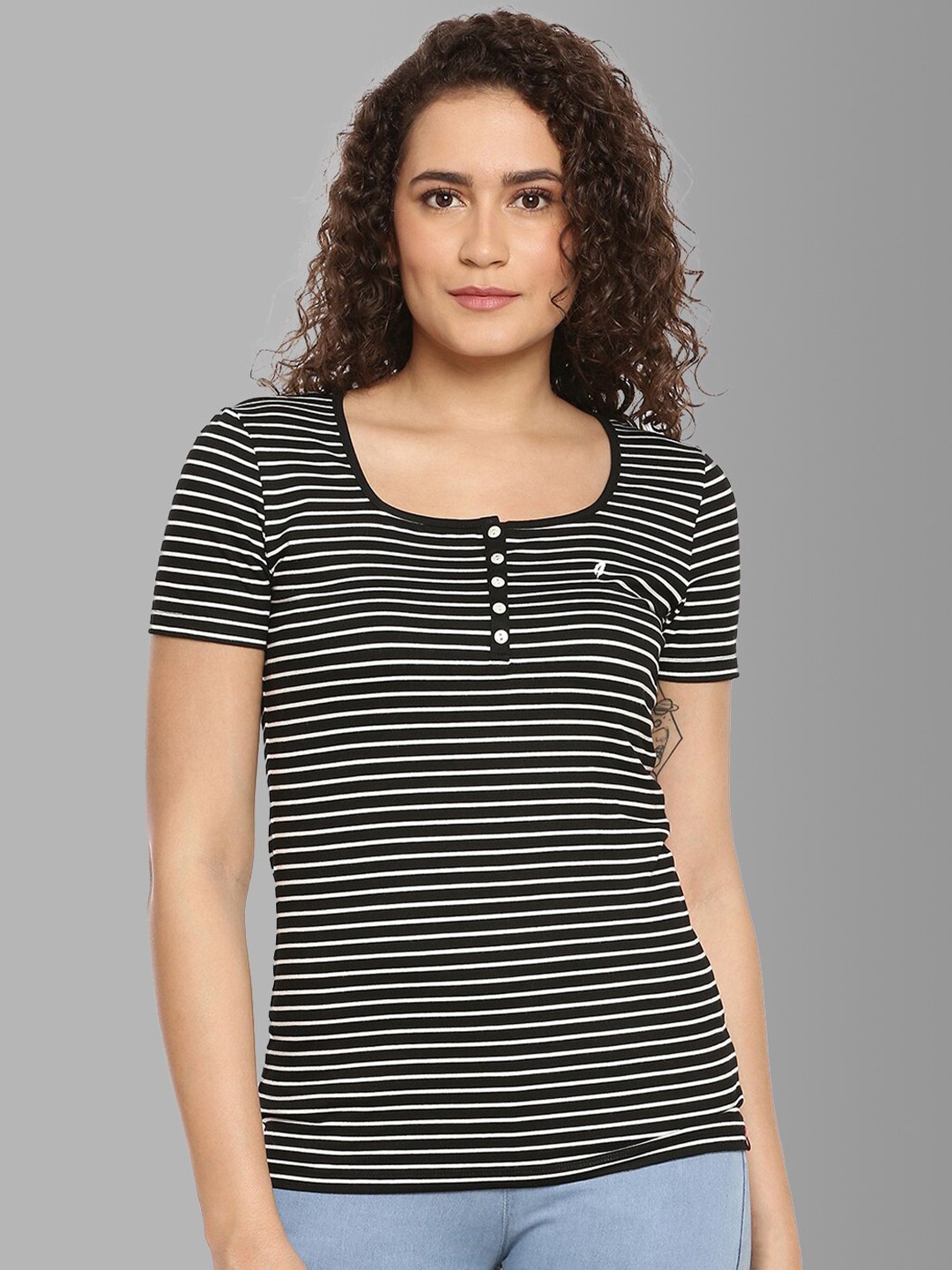 

Feather Soft Elite Women Black & White Striped Monochrome Slim Fit T-shirt