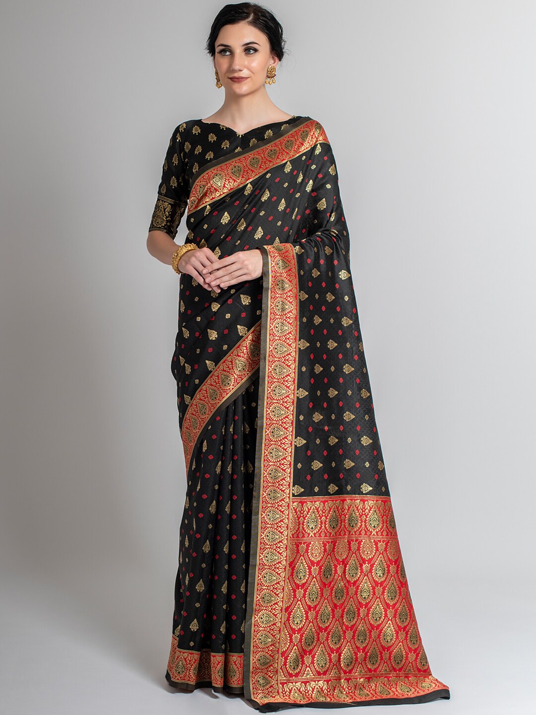 

cbazaar Black & Red Ethnic Motifs Zari Silk Blend Banarasi Saree