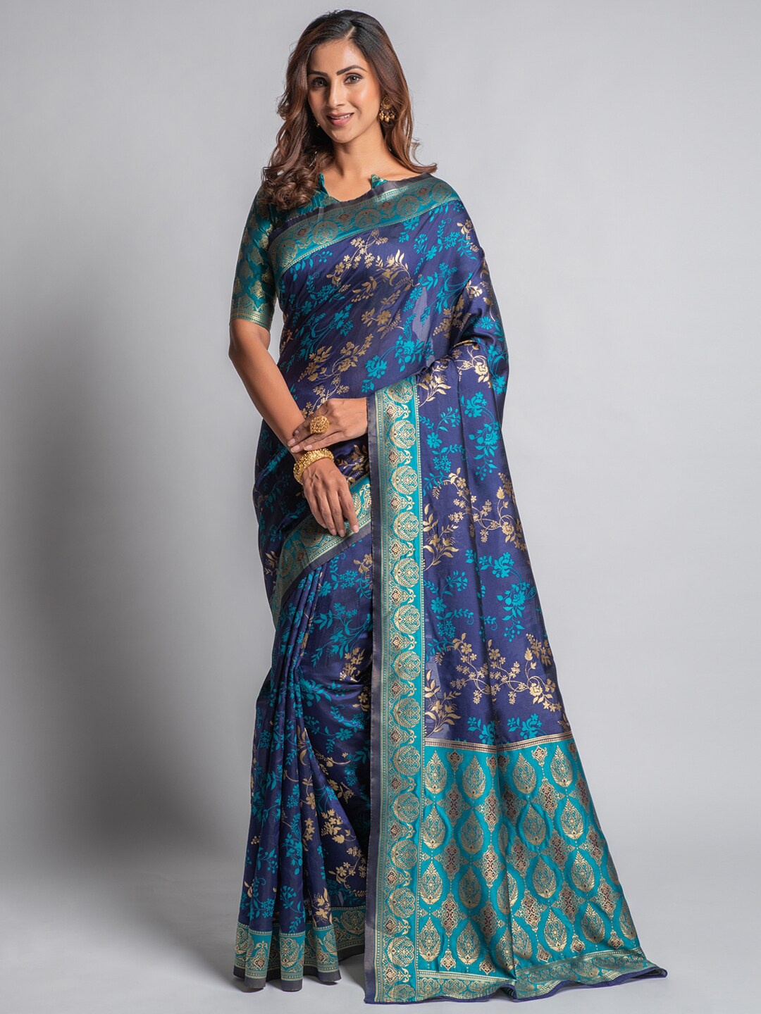 

cbazaar Turquoise Blue & Golden Floral Zari Silk Blend Saree