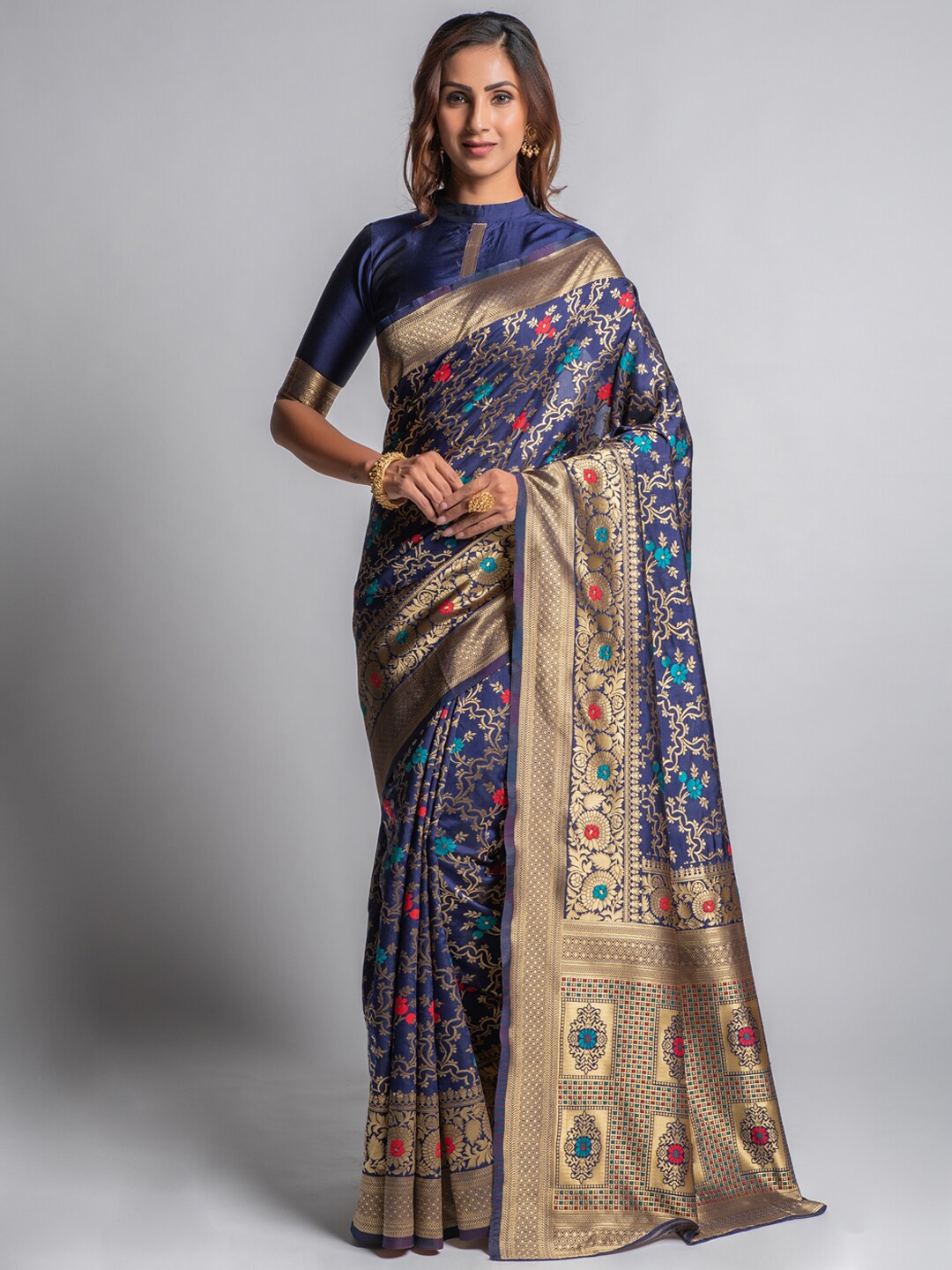 

cbazaar Blue & Gold-Toned Ethnic Motifs Zari Silk Blend Banarasi Saree