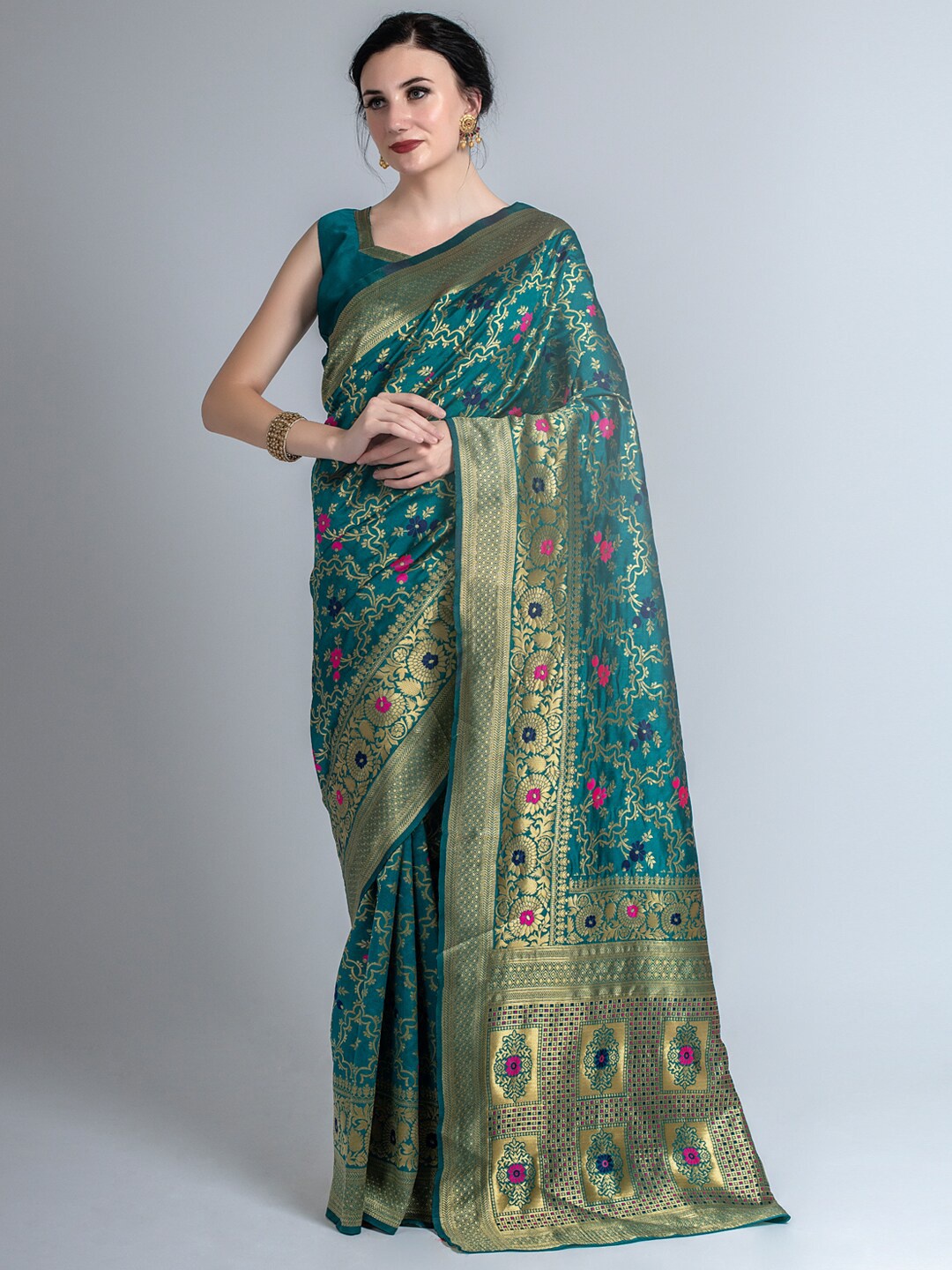 

cbazaar Teal Blue & Golden Ethnic Motifs Zari Silk Blend Banarasi Saree