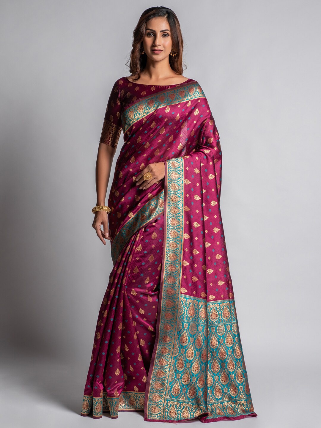 

cbazaar Burgundy & Blue Ethnic Motifs Silk Blend Jacquard Banarasi Saree