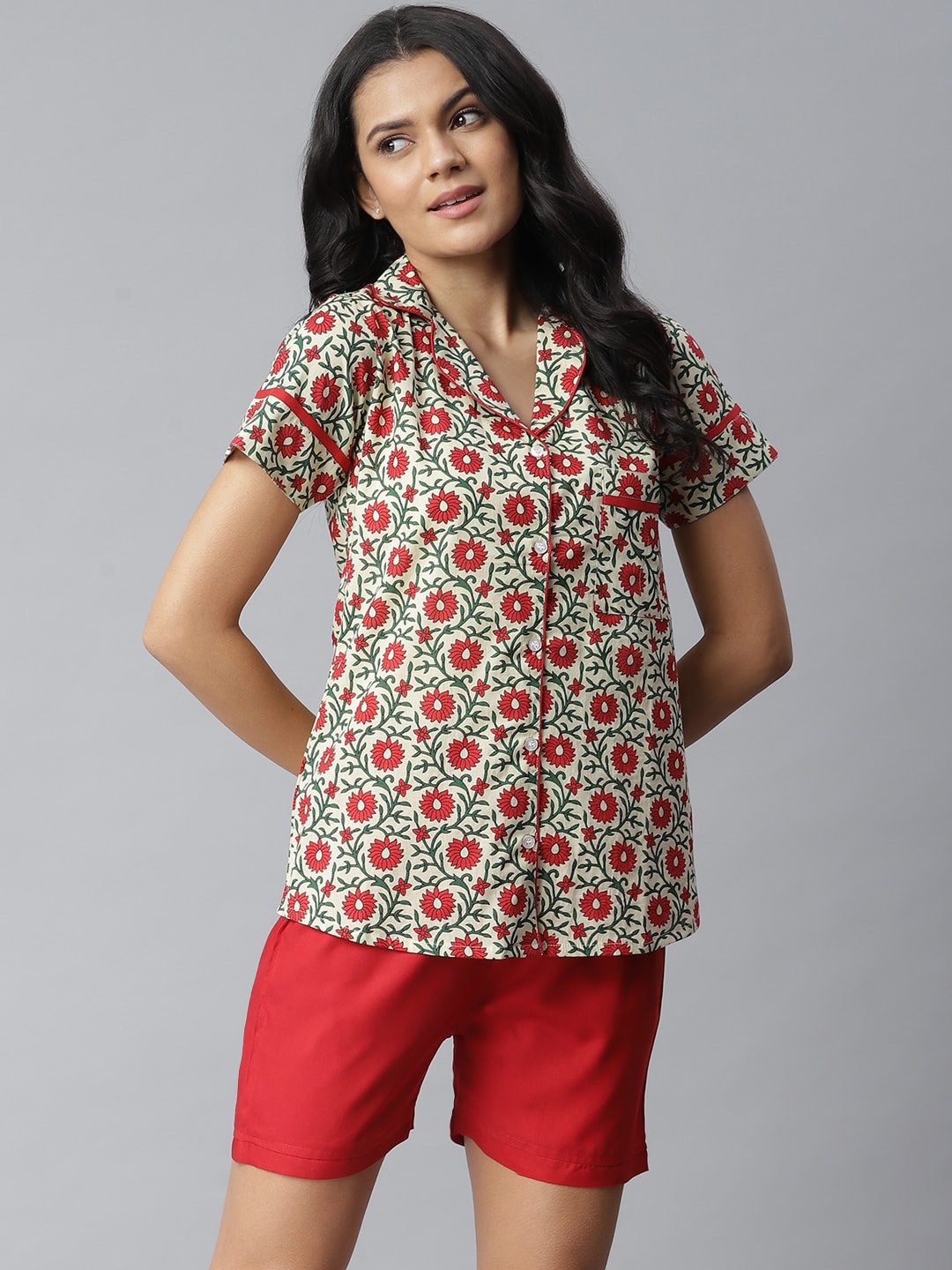 

Stylum Women Beige & Red Floral Printed Night suits