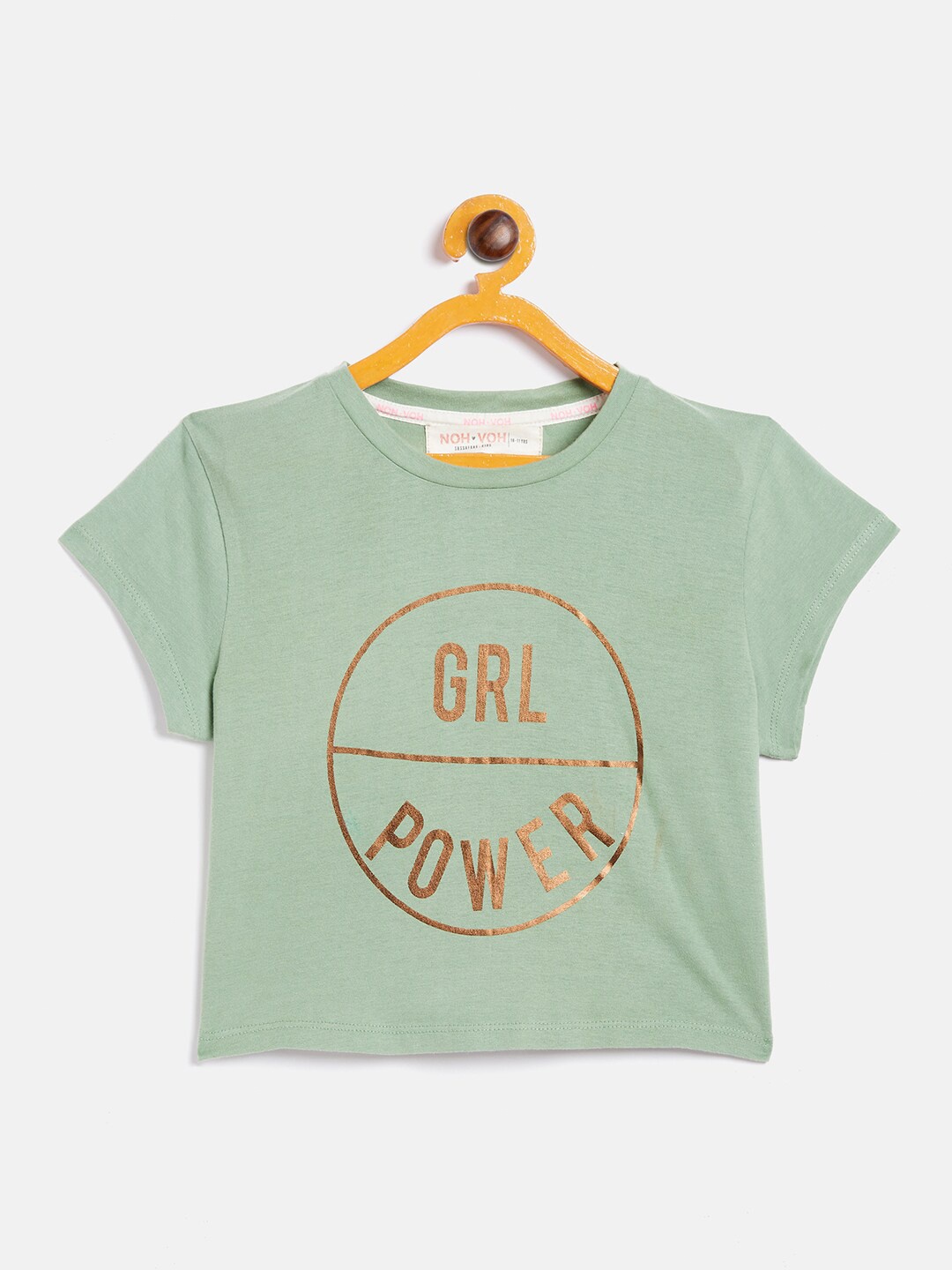 

Noh Voh - SASSAFRAS Kids Girls Olive Green Typography Printed Drop-Shoulder Sleeves T-shirt