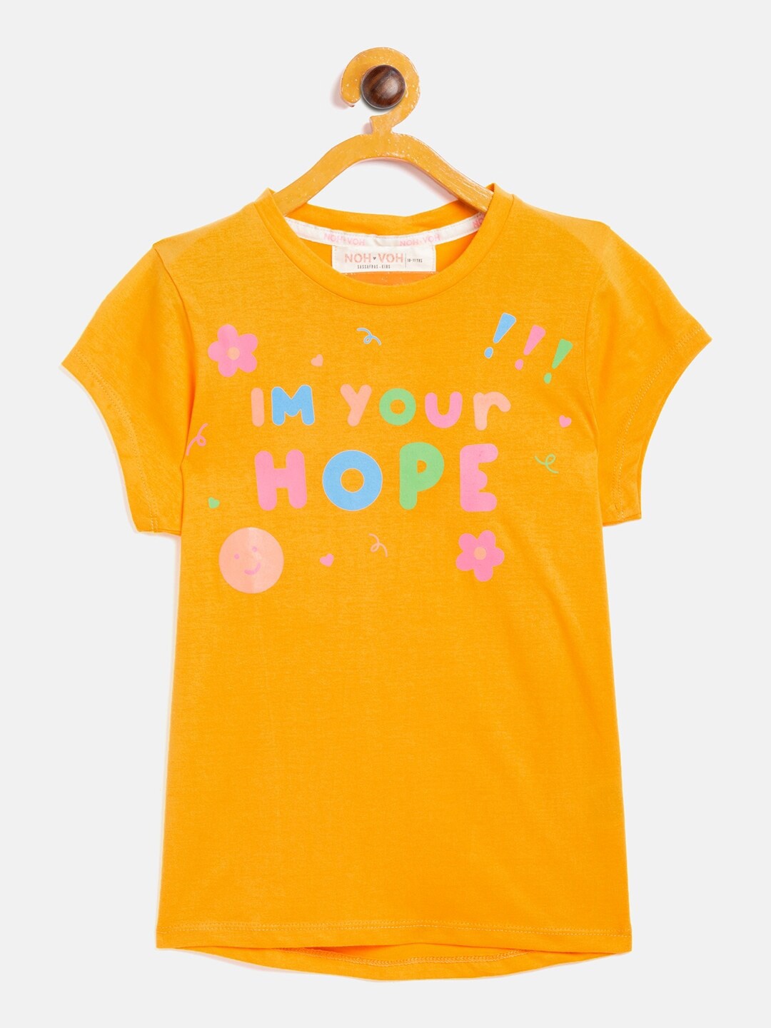 

Noh.Voh - SASSAFRAS Kids Girls Mustard Yellow Typography Printed Pure Cotton T-shirt