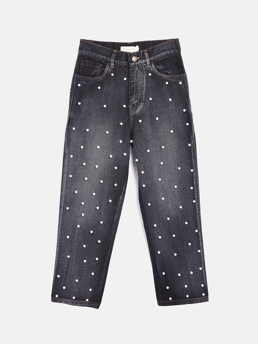 

Noh Voh - SASSAFRAS Kids Girls Black Pearl Studs High-Rise Light Fade Jeans