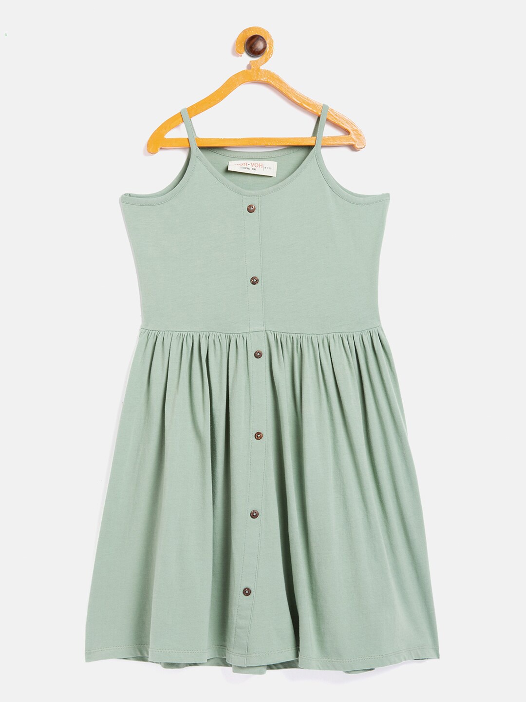 

Noh.Voh - SASSAFRAS Kids Girls Sage Green Solid Pure Cotton Fit & Flare Dress