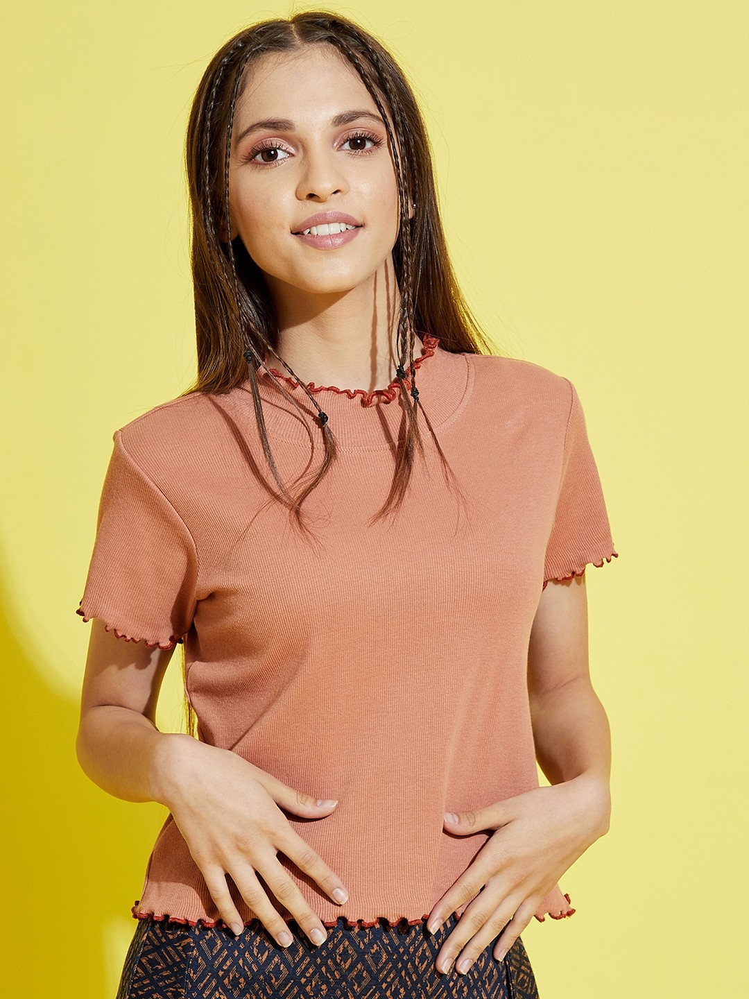 

Noh Voh - SASSAFRAS Kids Girls Nude-Coloured Solid High Neck Crop Top