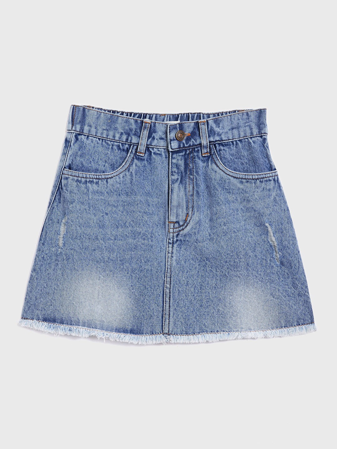 

Noh.Voh - SASSAFRAS Kids Girls Blue Washed Distressed Pure Cotton Denim Mini A-line Skirt