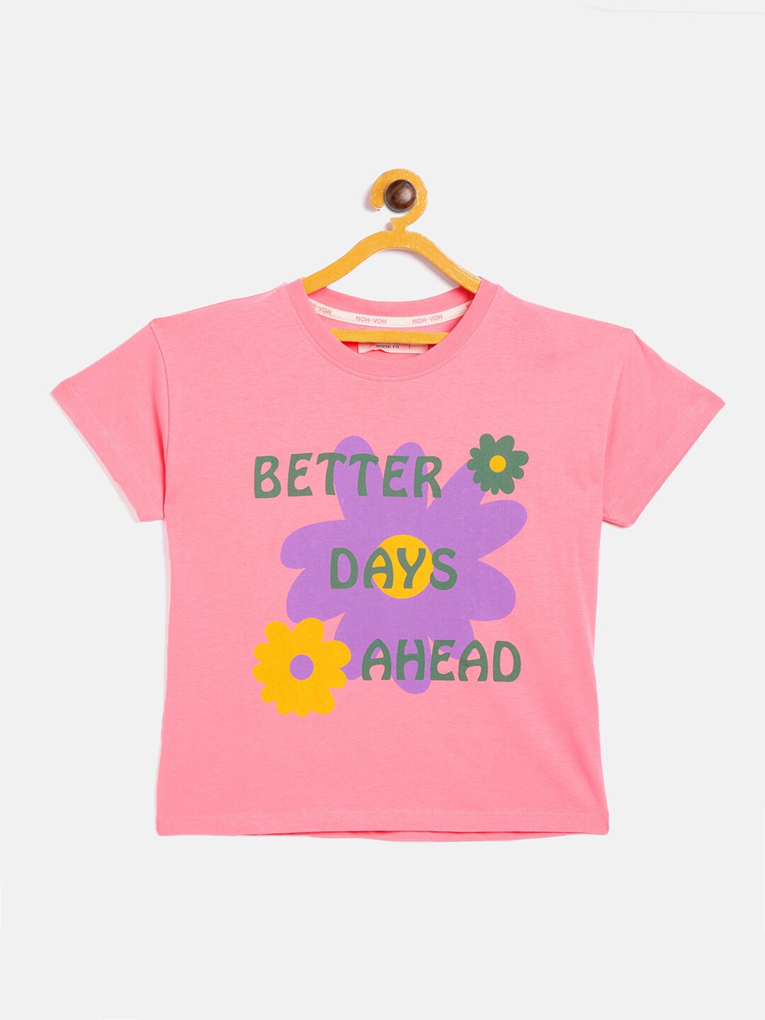 

Noh.Voh - SASSAFRAS Kids Girls Pink Typography Printed Cotton T-shirt