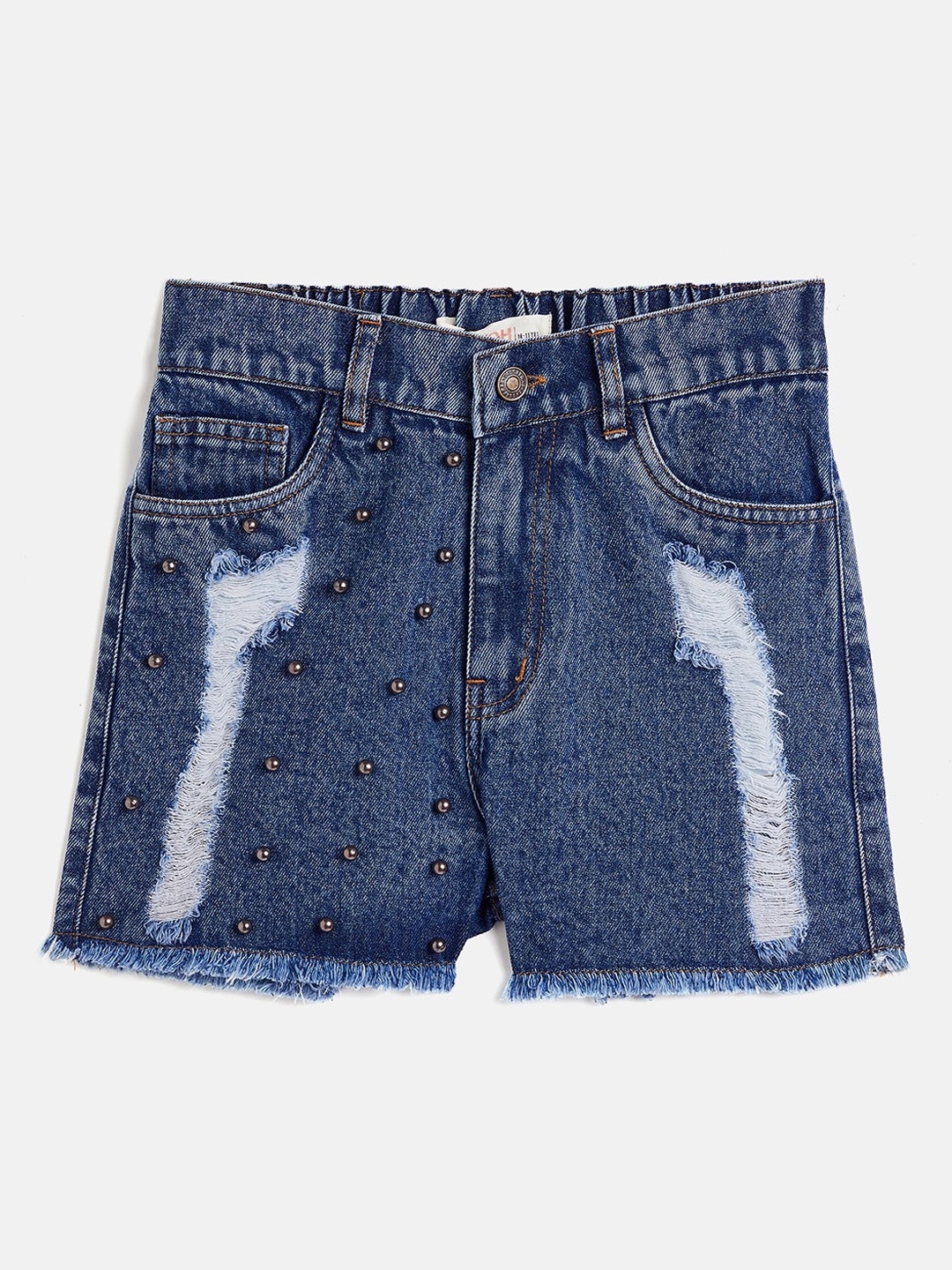 

Noh Voh - SASSAFRAS Kids Girls Blue High-Rise Pearl Embellished Denim Shorts