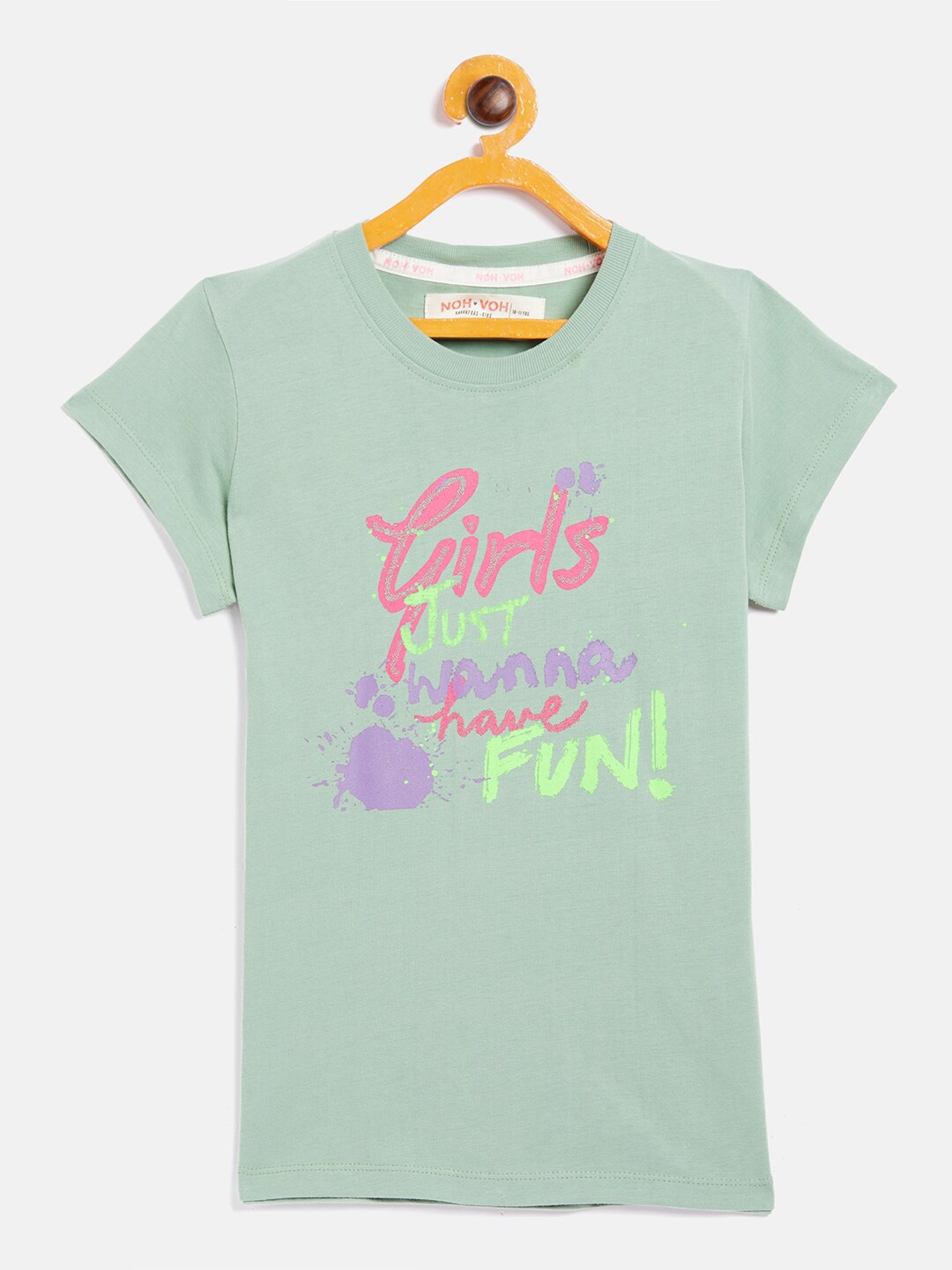 

Noh.Voh - SASSAFRAS Kids Girls Olive Green Typography Printed Cotton T-shirt
