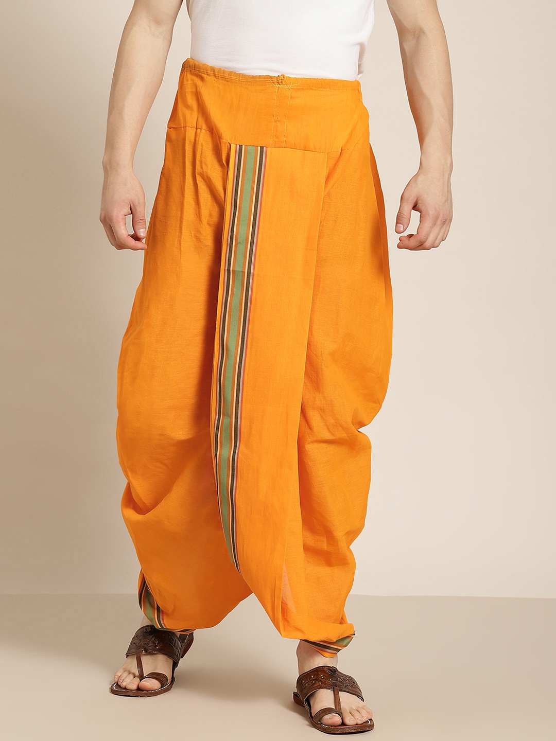 

Anug by SOJANYA Men Orange Solid Cotton Stitched Dhoti with Striped Border