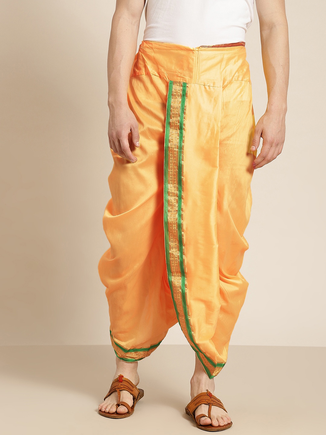 

Anug by SOJANYA Men Yellow & Green Solid Stitched Dhoti with Woven Design Border