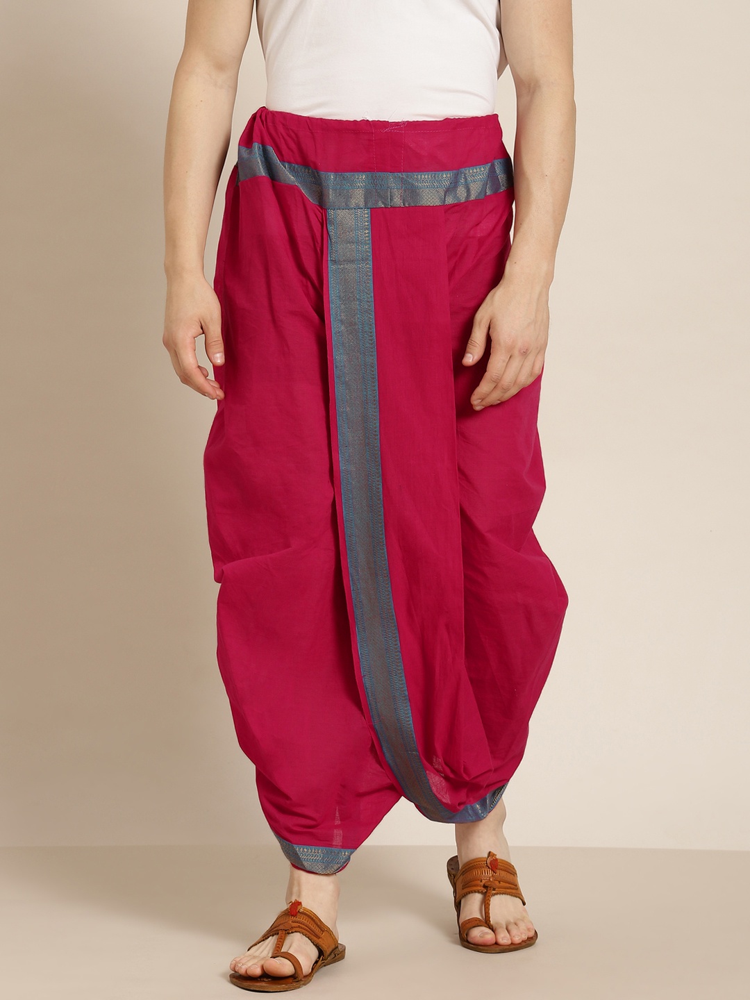 

Anug by SOJANYA Men Pink & Blue Pure Cotton Solid Dhoti Pants
