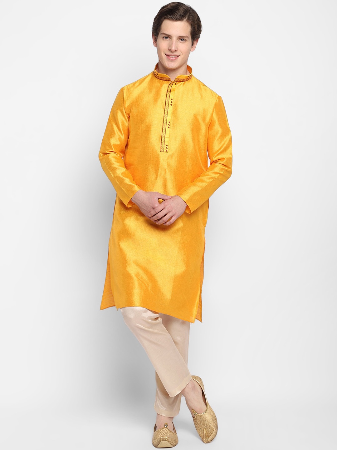 

DEVOILER Men Yellow Yoke Design Kurta with Churidar