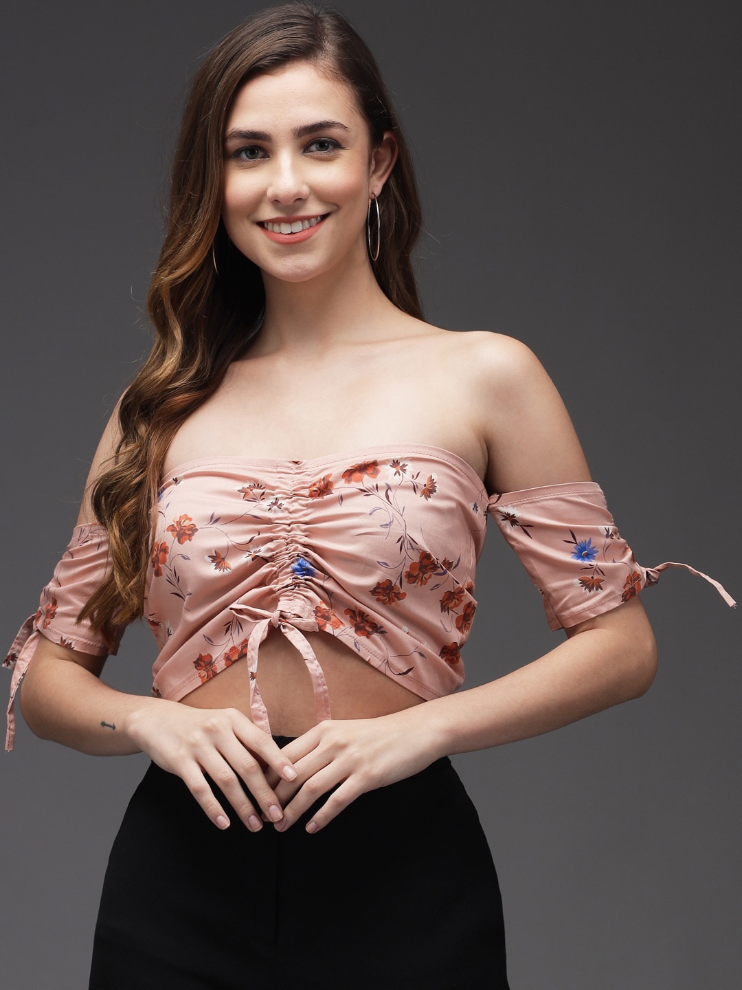 

Darzi Peach Printed Tube Crop Top