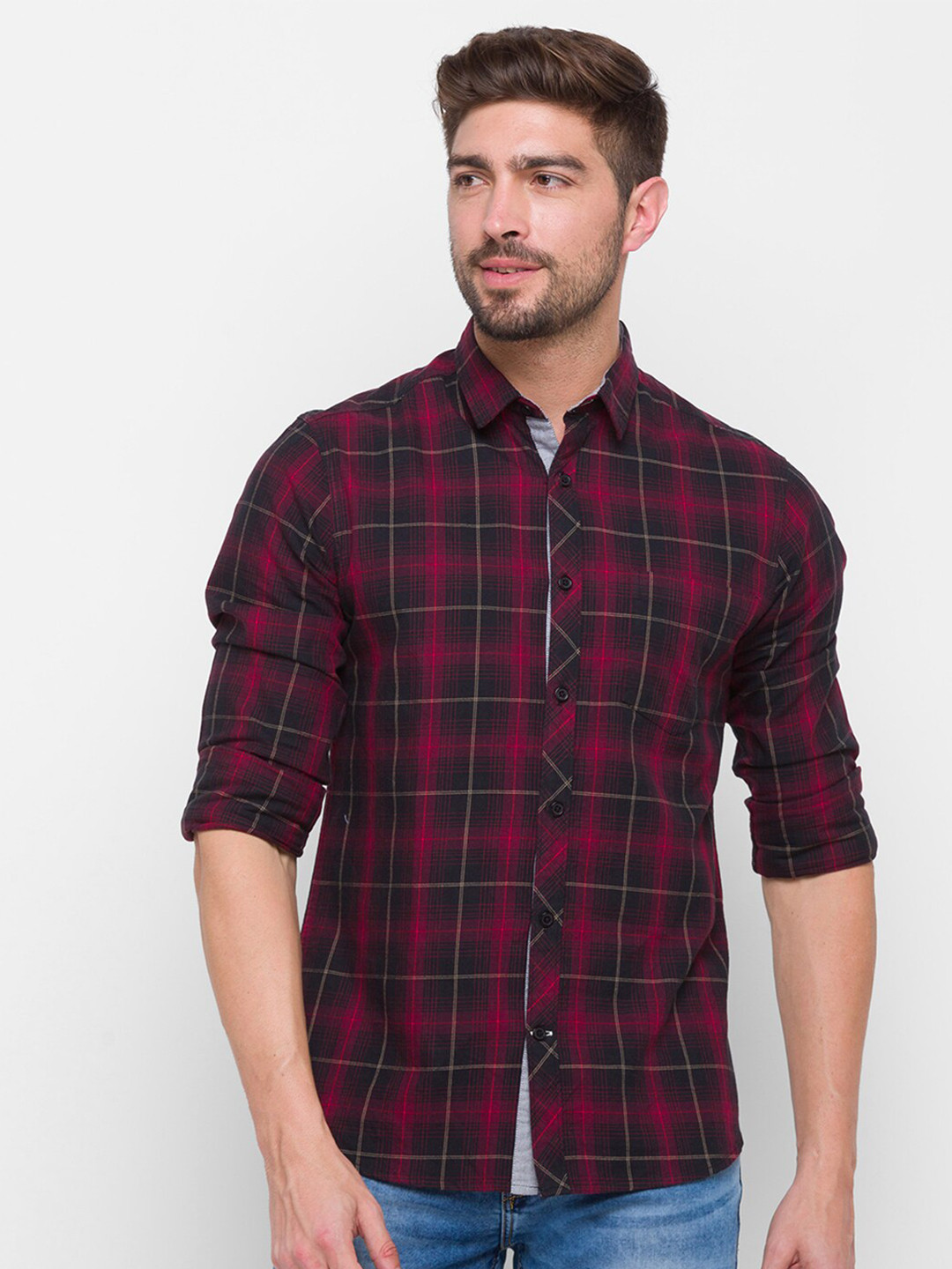 

Globus Men Maroon Tartan Checks Checked Cotton Casual Shirt