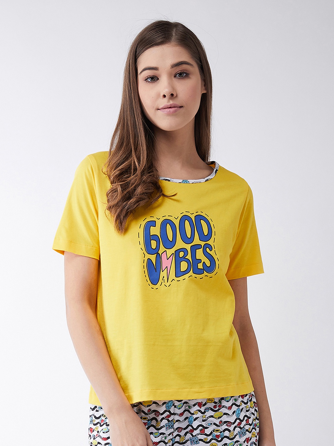 

Miss Chase Women Yellow & Blue Typography Printed Cotton T-shirt