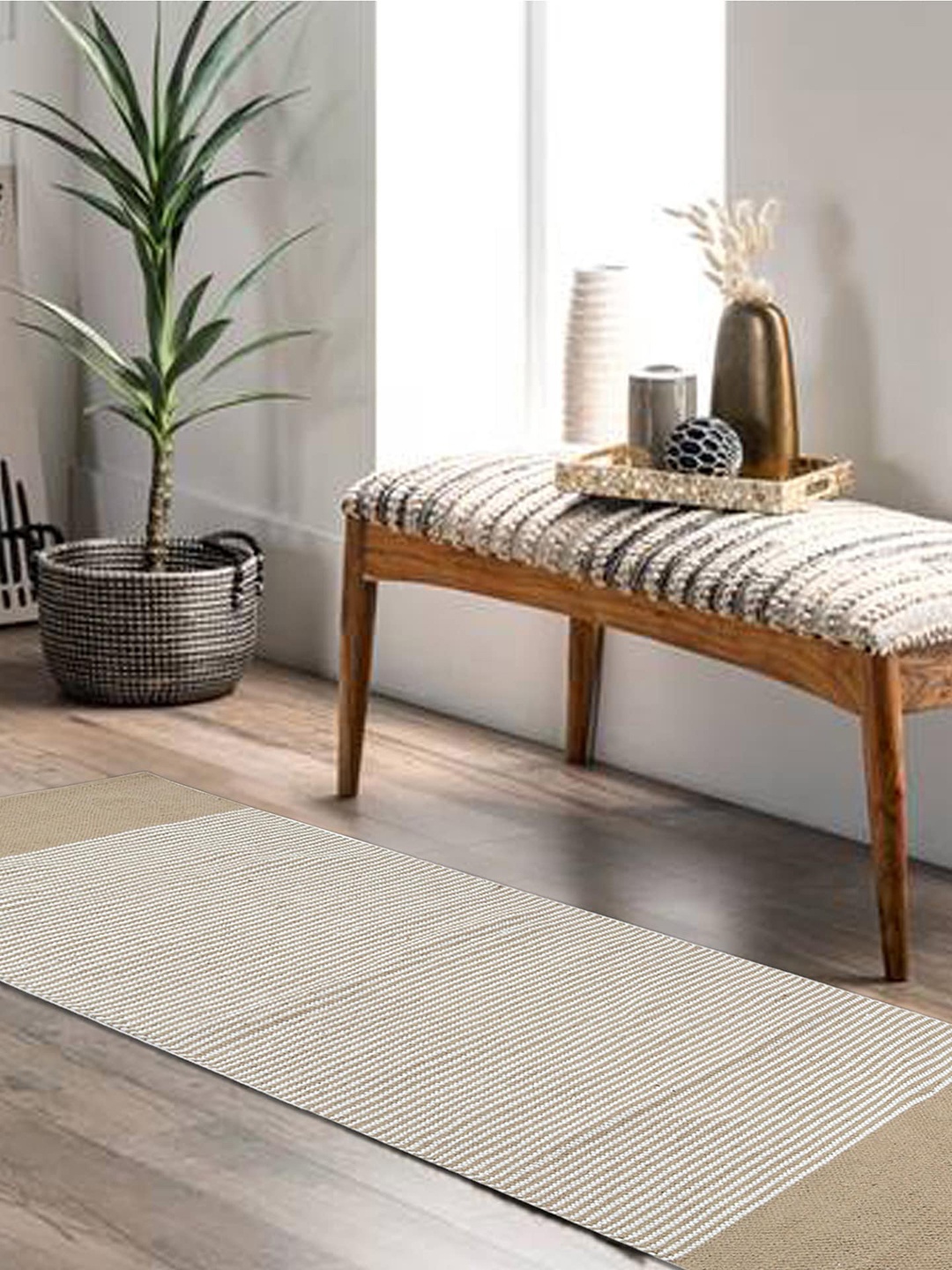 

HABERE INDIA Beige Striped Hand Woven Pure Cotton Runner