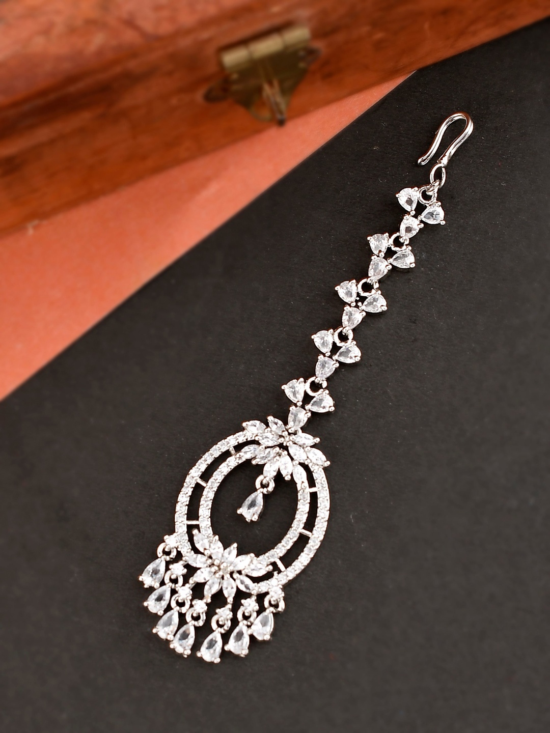 

Silvermerc Designs Silver-Plated White American Diamond Studded Handcrafted Maang Tikka