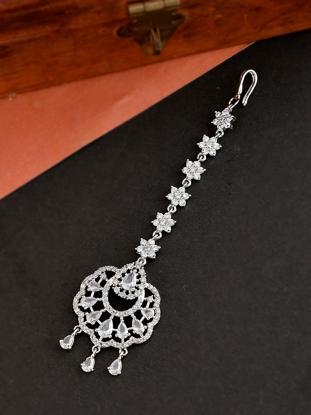 

Silvermerc Designs Silver-Plated White American Diamond Studded Floral Head Jewellery