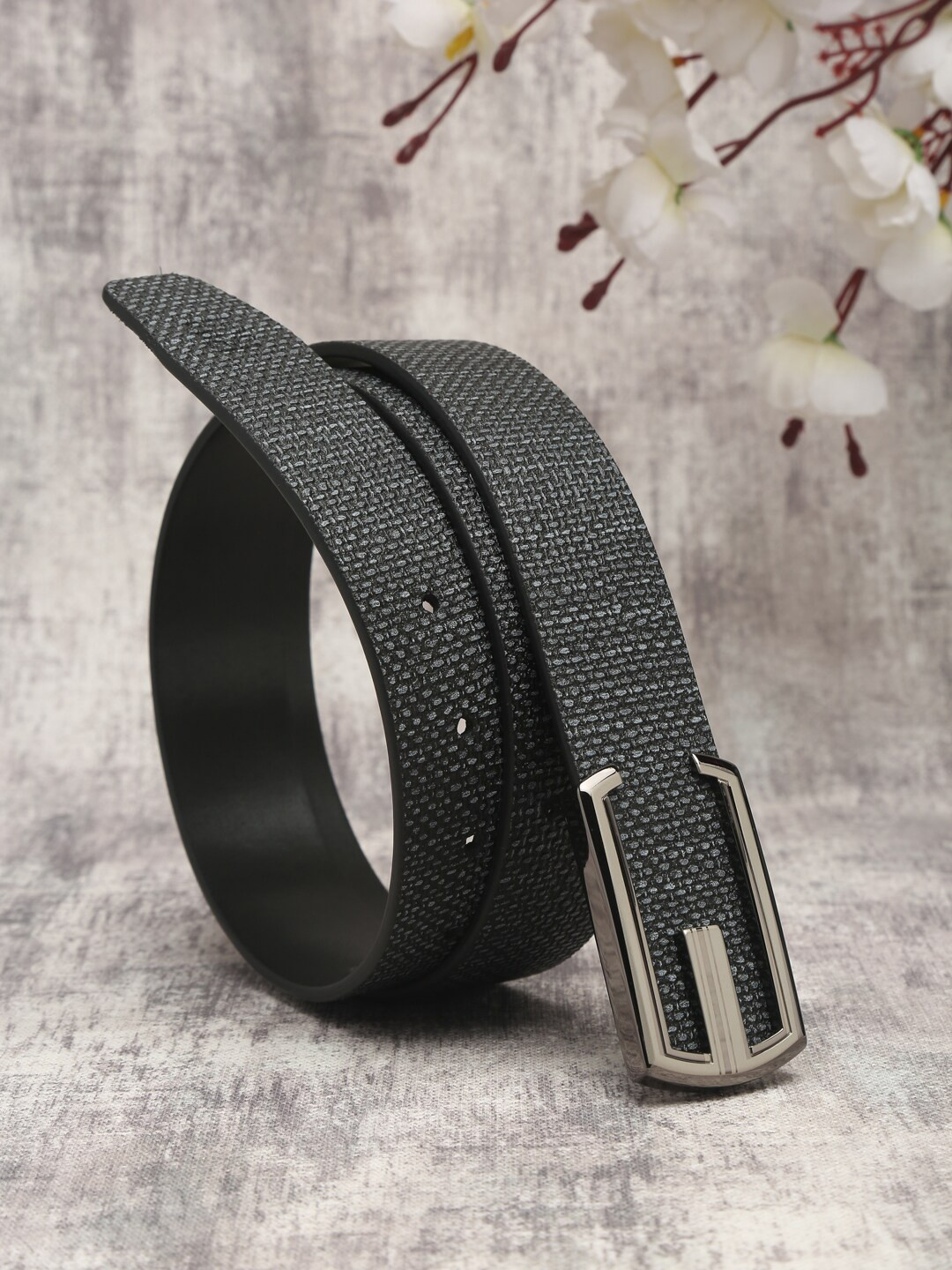 

Carlton London Men Grey Textured Leather Belt
