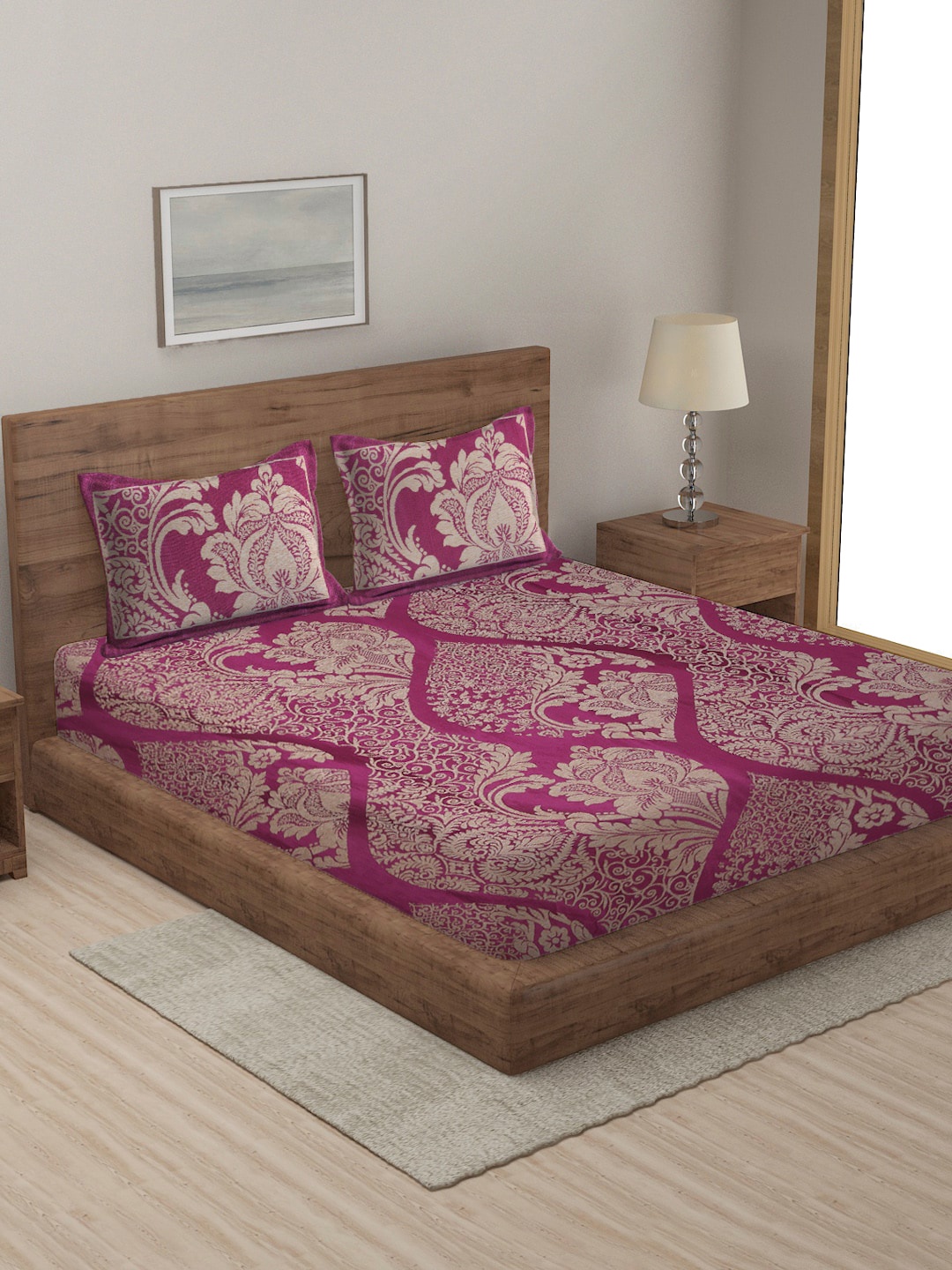 

MULTITEX Magenta & Cream Above 350 TC Floral Printed Cotton Bed Covers Set