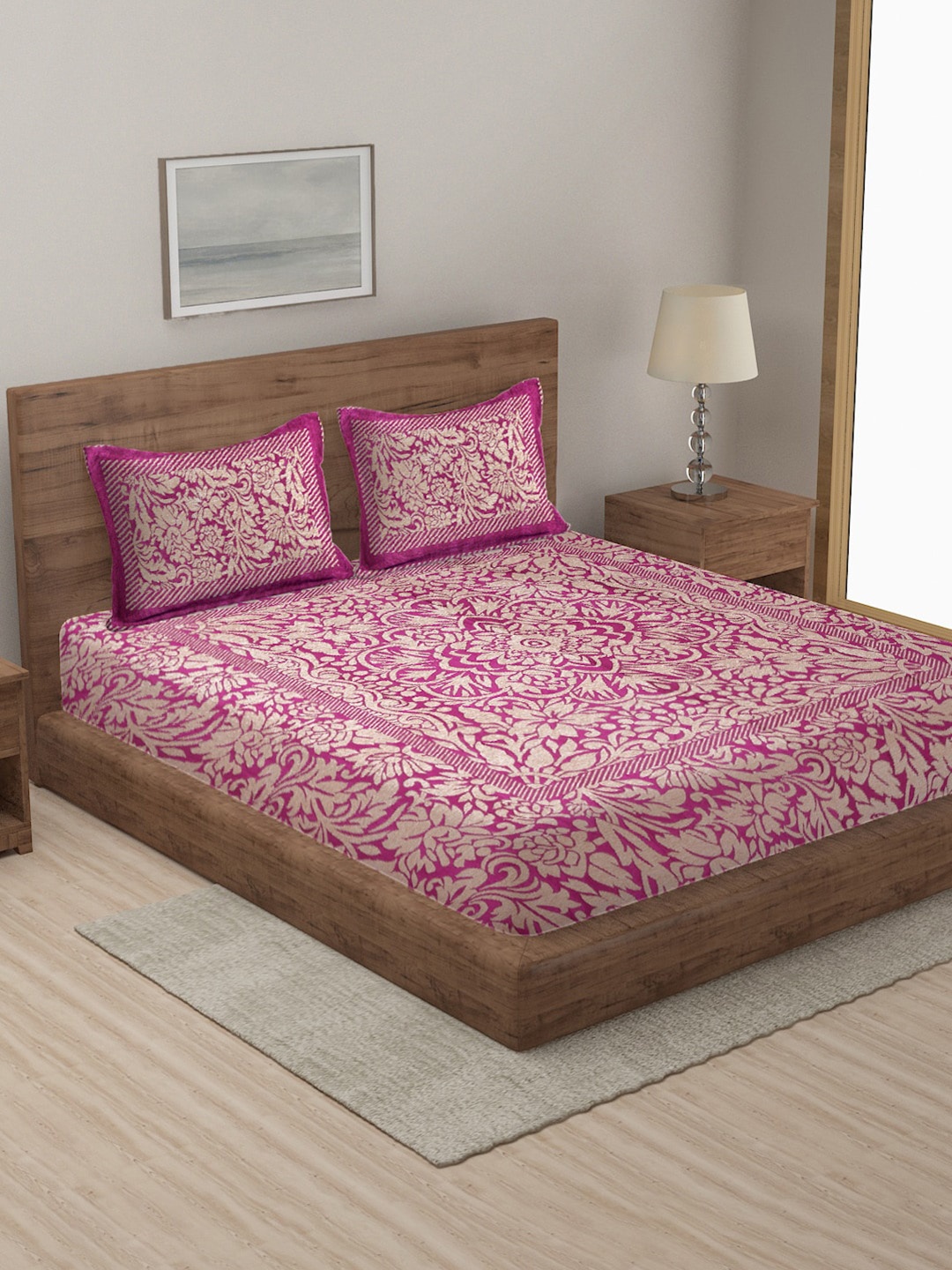 

MULTITEX Pink Floral Double Bed Queen Cover With 2 Pillow Covers